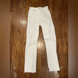 Abercrombie The 90s Straight Ultra High Rise Jeans White Distressed ripped knees
